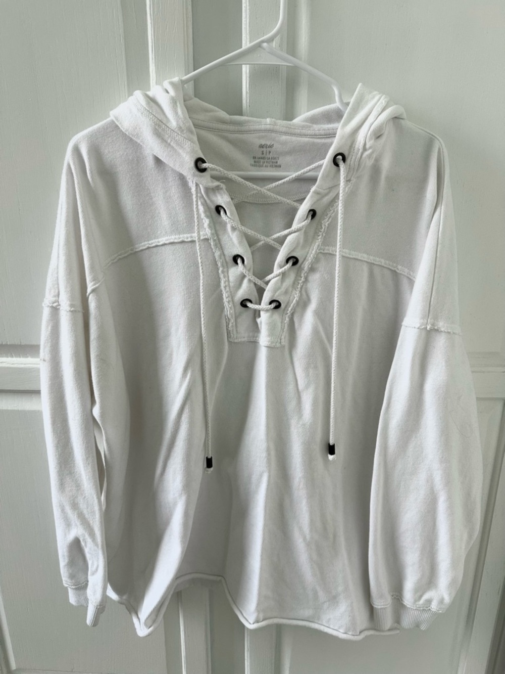 Aerie Oversized White Lace-Up Hoodie Pullover